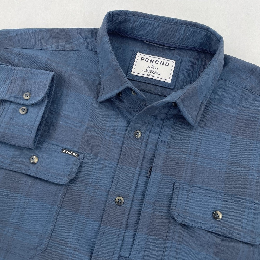 Poncho Button Down Shirt Men's XL Blue Plaid Flannel Regular Fit Long Sleeve